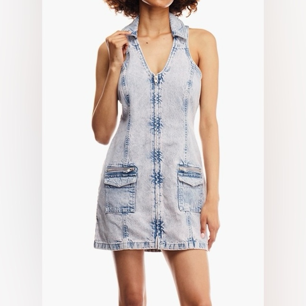 Cotton:On Purple Acid Wash Denim Halter Mini Dress 12 Front Full Zipper V-Neck